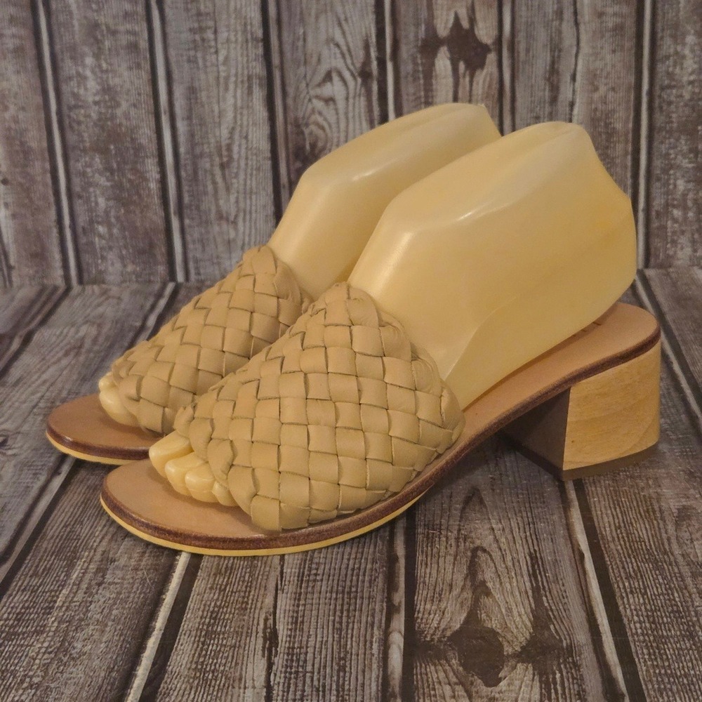 Sz 7 Womens Liberte Woven Leather Slide Sandals Tan Wood Block Heel Worn 1X!
